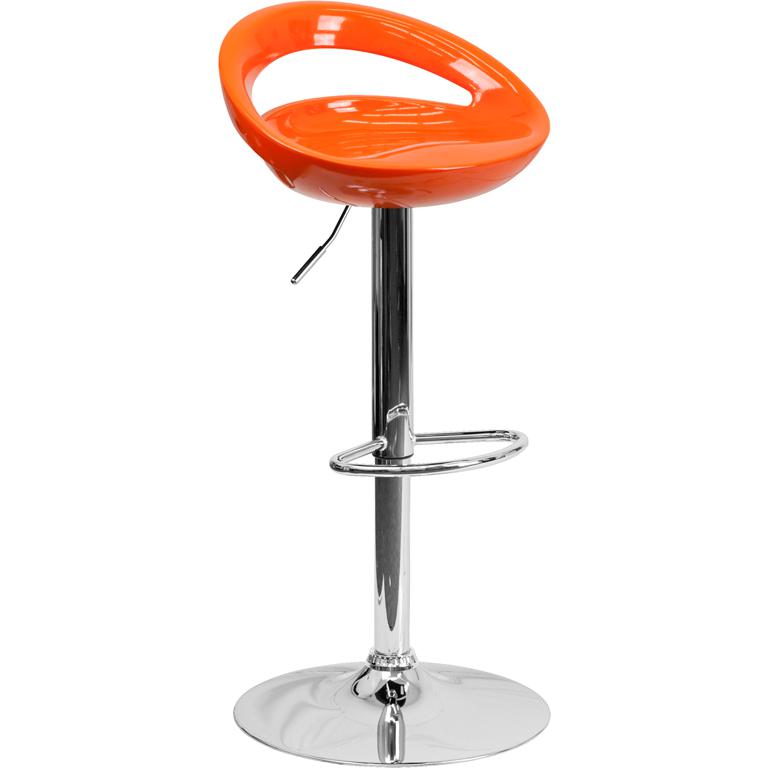 Contemporary Orange Plastic Adjustable Height Barstool with Rounded Cutout Back and Chrome Base. Picture 1