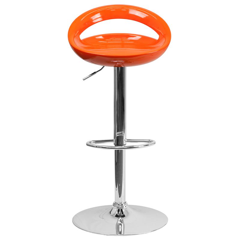 Contemporary Orange Plastic Adjustable Height Barstool with Rounded Cutout Back and Chrome Base. Picture 4