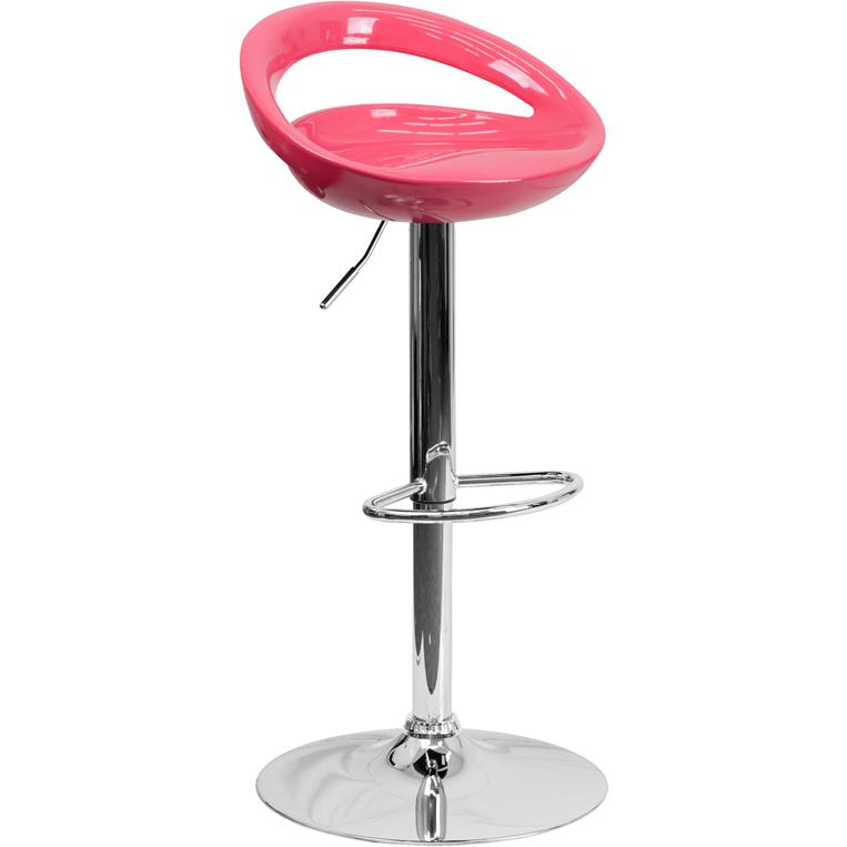 Contemporary Pink Plastic Adjustable Height Barstool with Rounded Cutout Back and Chrome Base. Picture 1