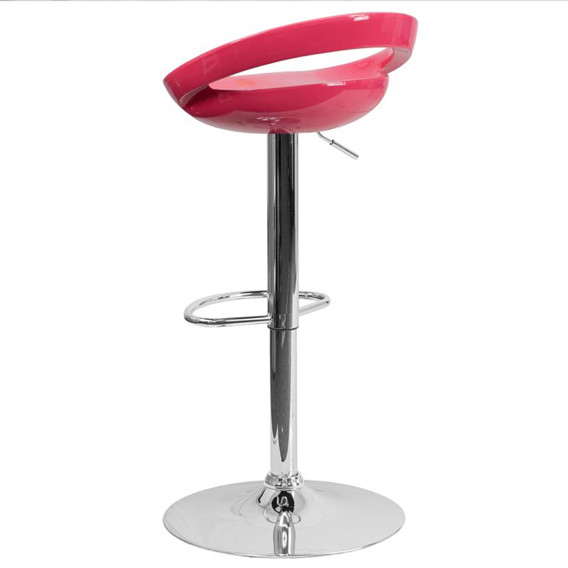 Contemporary Pink Plastic Adjustable Height Barstool with Rounded Cutout Back and Chrome Base. Picture 3