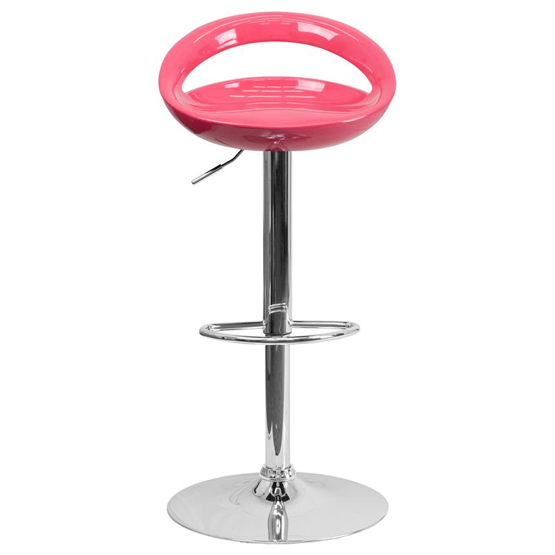 Contemporary Pink Plastic Adjustable Height Barstool with Rounded Cutout Back and Chrome Base. Picture 4