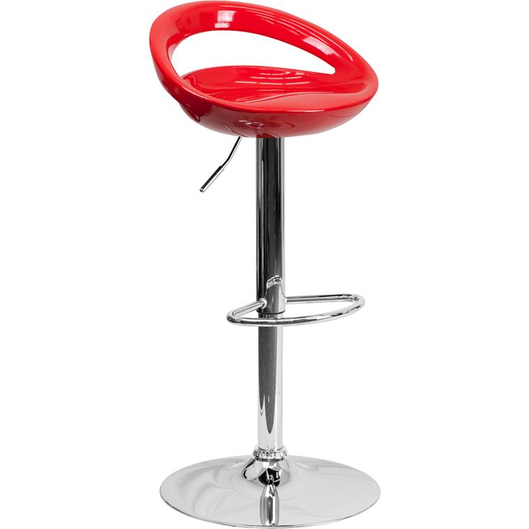 Red Plastic Adjustable Height Barstool with Rounded Cutout Back and Chrome Base. Picture 1
