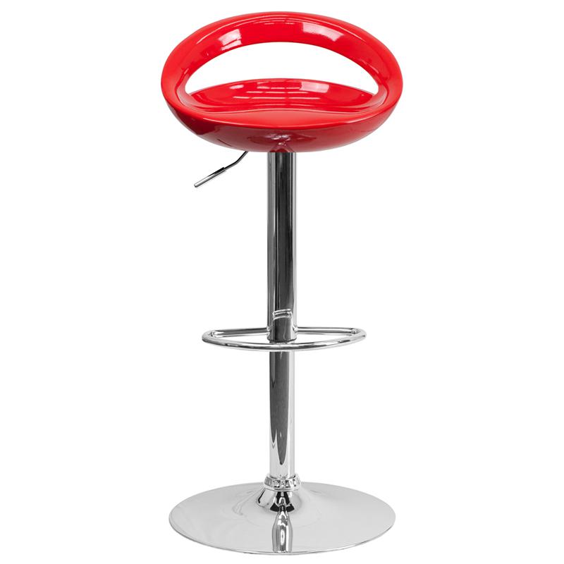 Red Plastic Adjustable Height Barstool with Rounded Cutout Back and Chrome Base. Picture 4