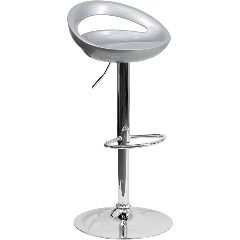 Contemporary Silver Plastic Adjustable Height Barstool with Rounded Cutout Back and Chrome Base. The main picture.