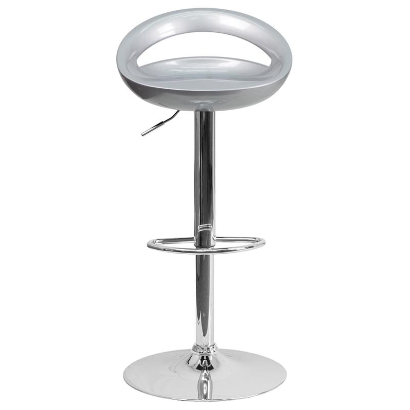 Contemporary Silver Plastic Adjustable Height Barstool with Rounded Cutout Back and Chrome Base. Picture 4