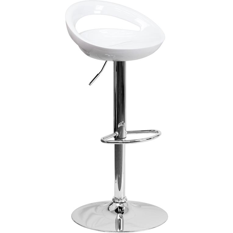 White Plastic Barstool with Rounded Cutout Back and Chrome Base. Picture 1