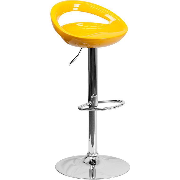 Contemporary Yellow Plastic Adjustable Height Barstool with Rounded Cutout Back and Chrome Base. The main picture.