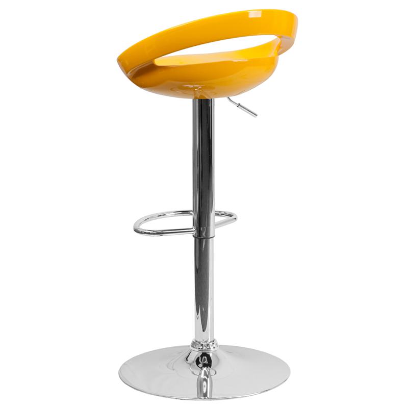 Contemporary Yellow Plastic Adjustable Height Barstool with Rounded Cutout Back and Chrome Base. Picture 3