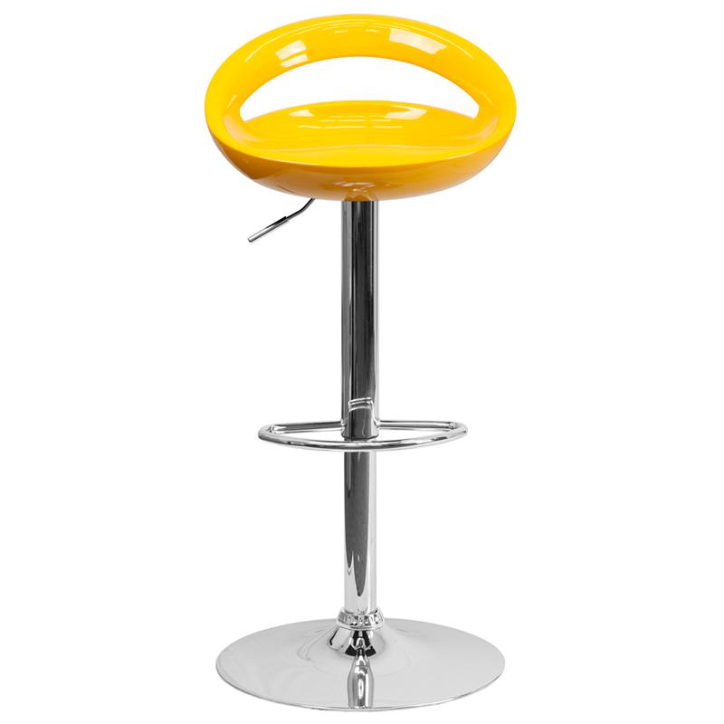 Contemporary Yellow Plastic Adjustable Height Barstool with Rounded Cutout Back and Chrome Base. Picture 4