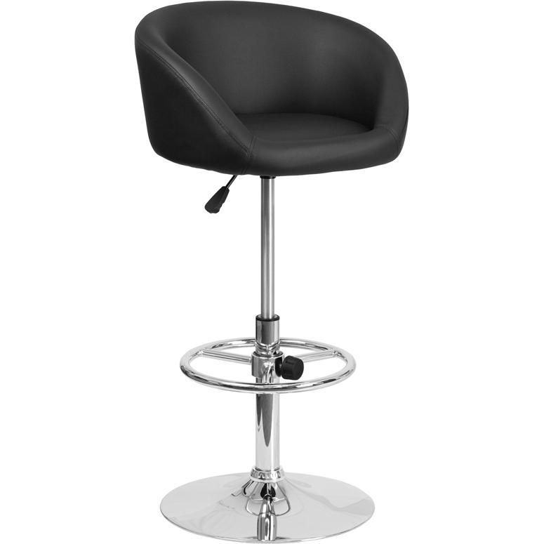Contemporary Black Vinyl Adjustable Height Barstool with Barrel Back and Chrome Base. Picture 1
