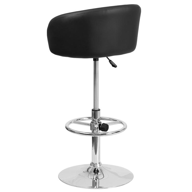 Contemporary Black Vinyl Adjustable Height Barstool with Barrel Back and Chrome Base. Picture 3
