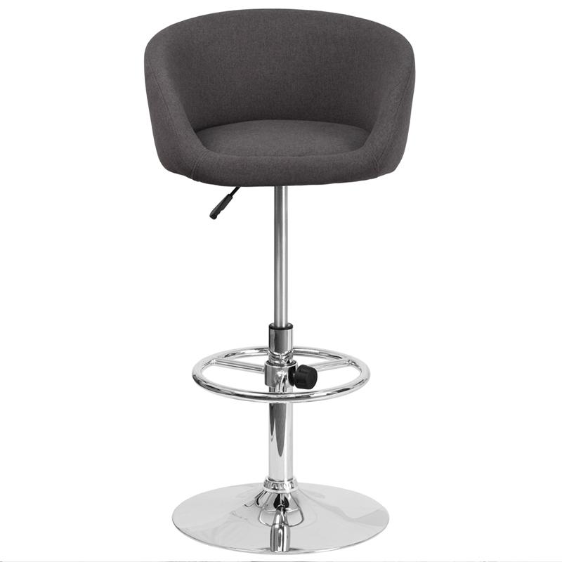 Contemporary Charcoal Fabric Adjustable Height Barstool with Barrel Back and Chrome Base. Picture 4