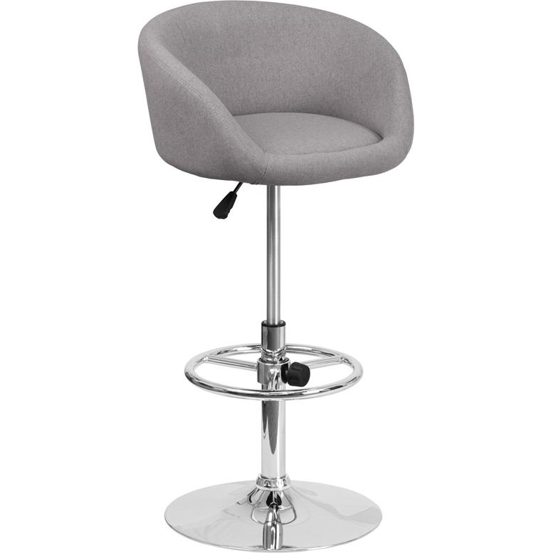 Gray Fabric Adjustable Height Barstool with Barrel Back and Chrome Base. Picture 1