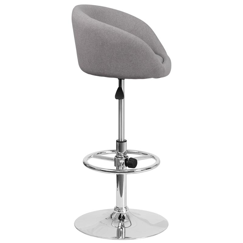 Gray Fabric Adjustable Height Barstool with Barrel Back and Chrome Base. Picture 2