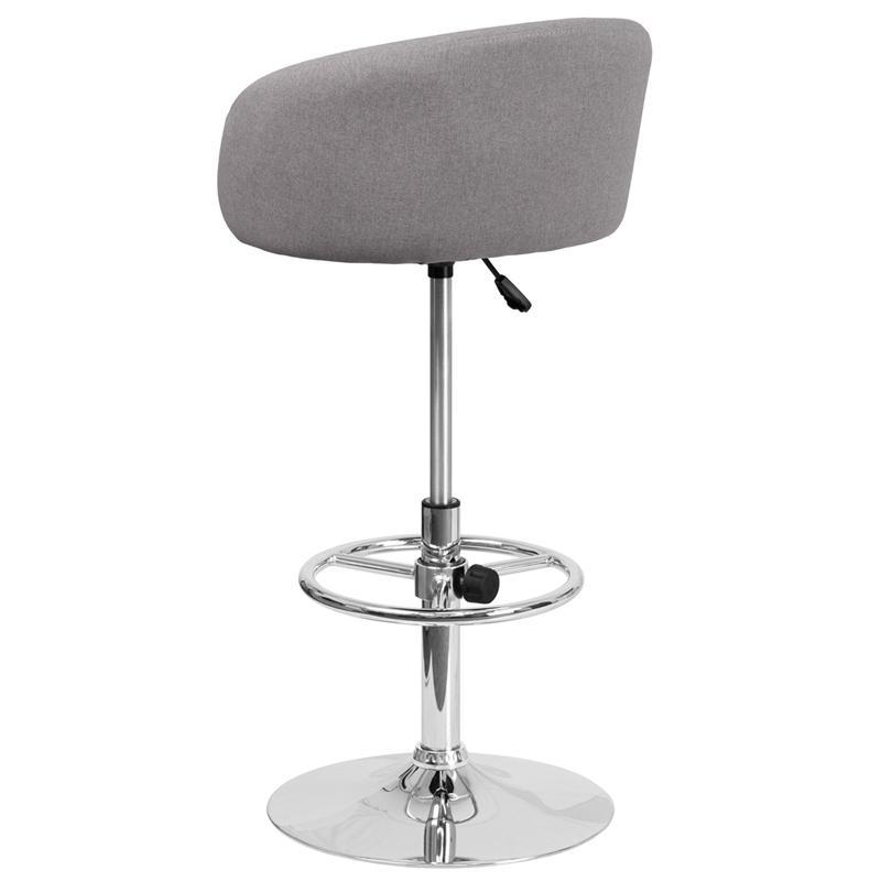 Gray Fabric Adjustable Height Barstool with Barrel Back and Chrome Base. Picture 3
