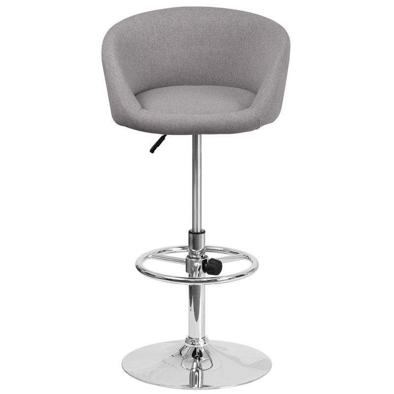 Gray Fabric Adjustable Height Barstool with Barrel Back and Chrome Base. Picture 4