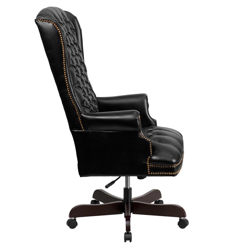 High Back Traditional Fully Tufted Black Executive Swivel Office Chair with Arms. Picture 2