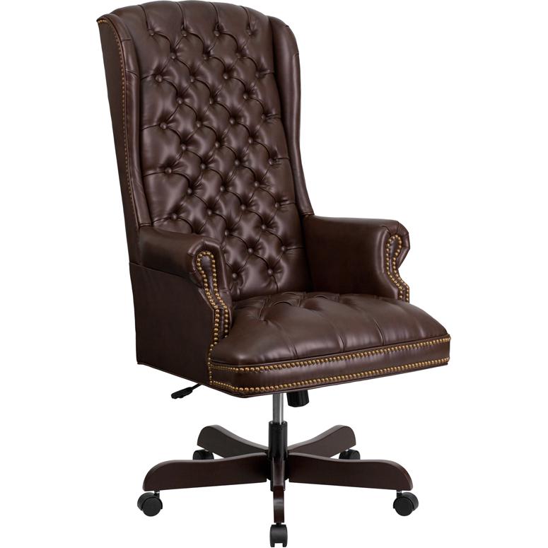 High Back Traditional Fully Tufted Brown LeatherSoft Executive Swivel Ergonomic Office Chair with Arms. Picture 1