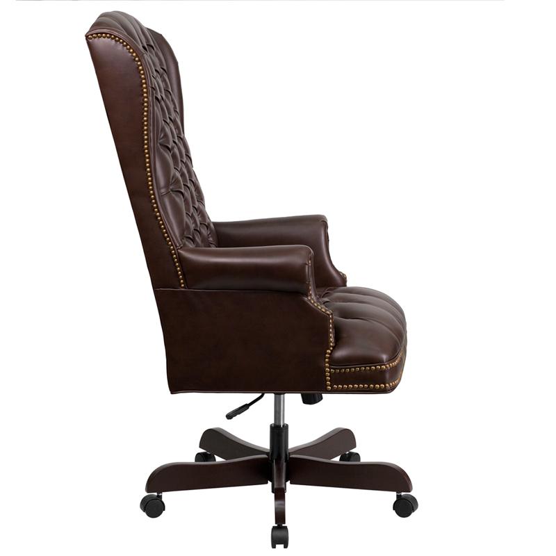 High Back Traditional Fully Tufted Brown Executive Swivel Office Chair with Arms. Picture 2