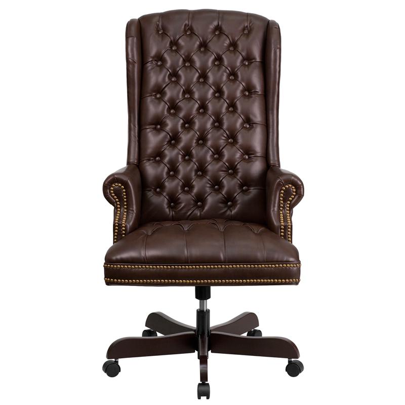 High Back Traditional Fully Tufted Brown Executive Swivel Office Chair with Arms. Picture 4