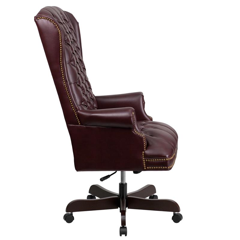 High Back Traditional Fully Tufted Burgundy LeatherSoft Executive Swivel Ergonomic Office Chair with Arms. Picture 2