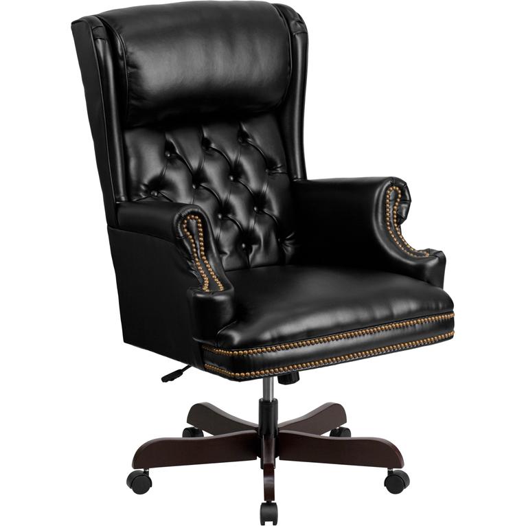 High Back Traditional Tufted Black LeatherSoft Executive Ergonomic Office Chair with Oversized Headrest & Nail Trim Arms. The main picture.