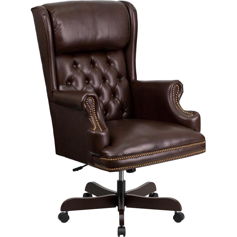High Back Traditional Tufted Brown LeatherSoft Executive Ergonomic Office Chair with Oversized Headrest & Nail Trim Arms. Picture 1