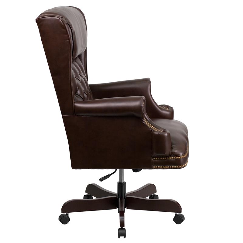 High Back Traditional Tufted Brown LeatherSoft Executive Ergonomic Office Chair with Oversized Headrest & Nail Trim Arms. Picture 2