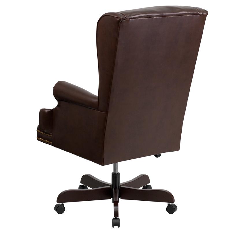 High Back Traditional Tufted Brown LeatherSoft Executive Ergonomic Office Chair with Oversized Headrest & Nail Trim Arms. Picture 3