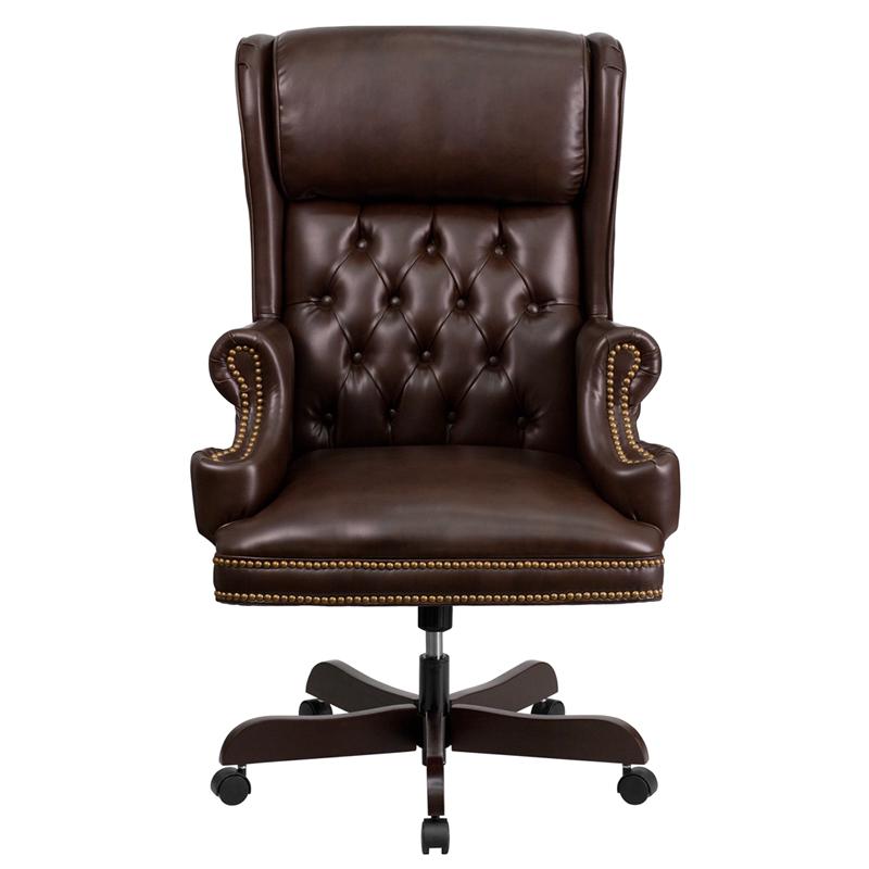 High Back Traditional Tufted Brown LeatherSoft Executive Ergonomic Office Chair with Oversized Headrest & Nail Trim Arms. Picture 4