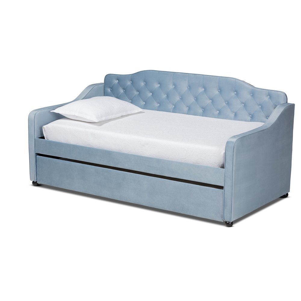 Baxton Studio Freda Traditional and Transitional Light Blue Velvet Fabric Upholstered and Button Tufted Twin Size Daybed with Trundle. Picture 1