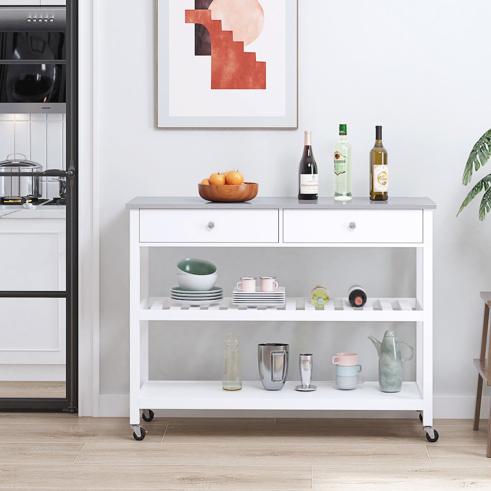 Mobile Kitchen Island With Two Large Open Shelves, Two Drawer, Stainless Steel Top, White. Picture 2