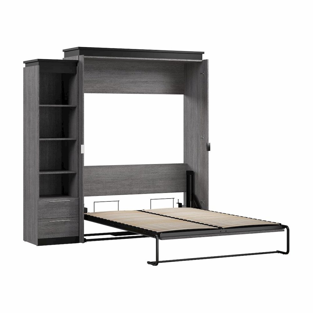 Queen Murphy Bed with Shelves and Drawers (87W) in White and Walnut Grey. Picture 4