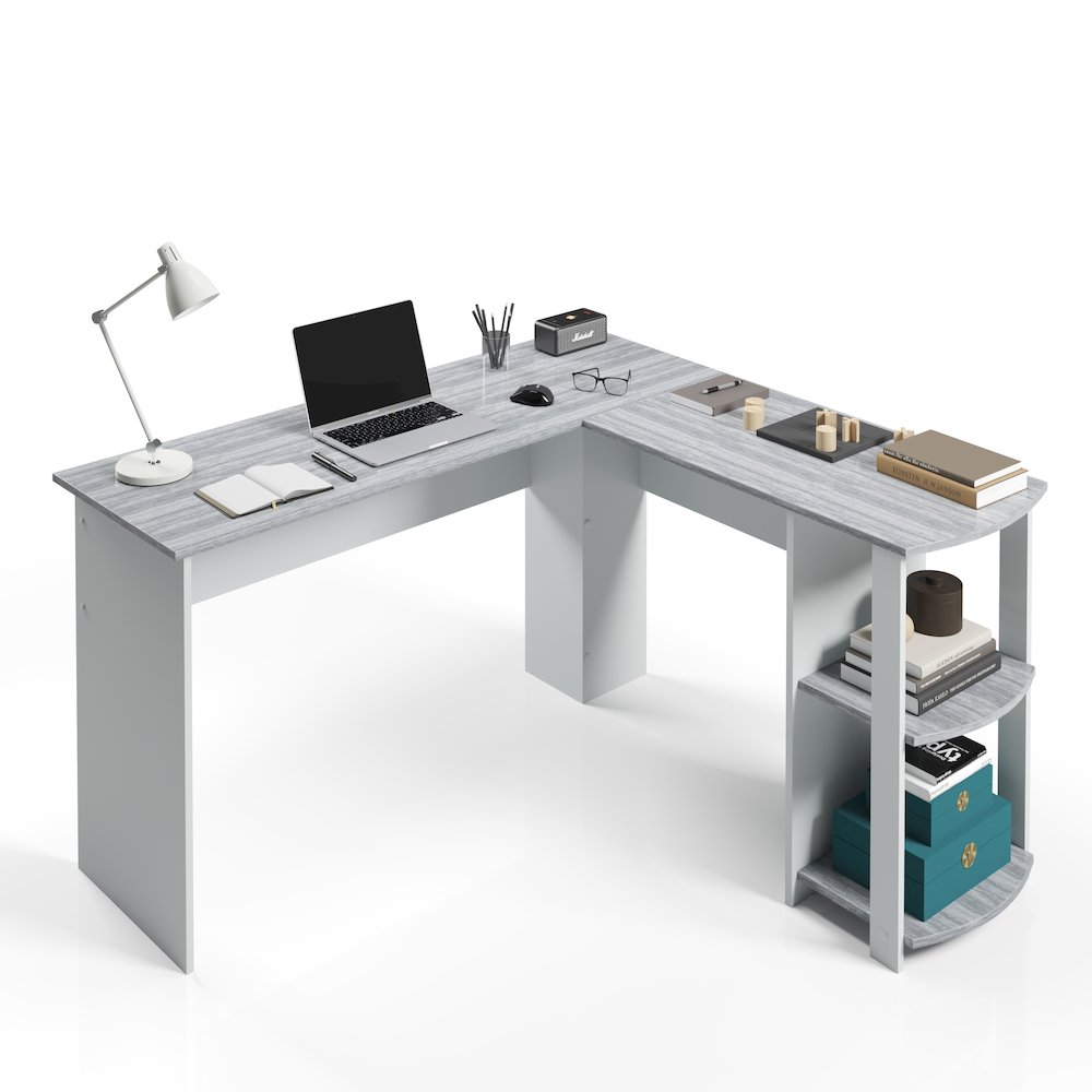 Techni Mobili Modern L-Shaped Desk with Side Shelves, Grey. Picture 6