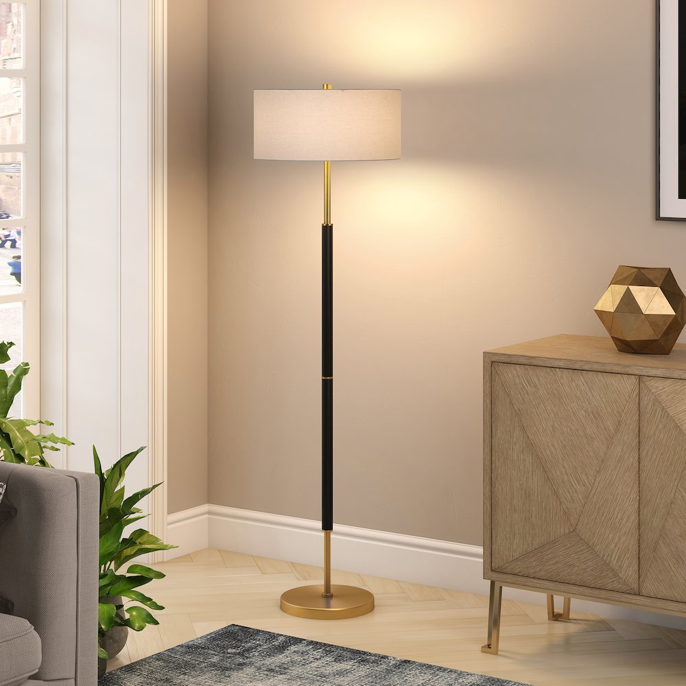 Simone 2-Light Floor Lamp with Fabric Shade in Matte Black/Brass/White. Picture 9