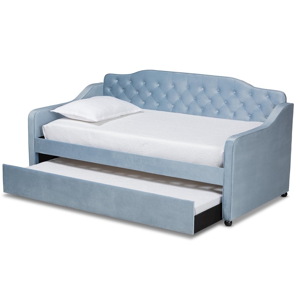 Baxton Studio Freda Traditional and Transitional Light Blue Velvet Fabric Upholstered and Button Tufted Twin Size Daybed with Trundle. Picture 6