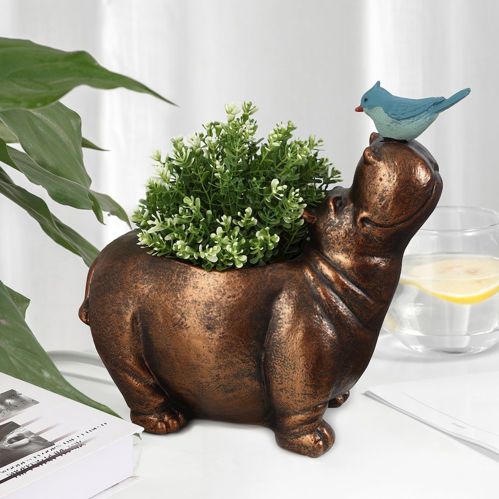 Brown Hippo and Blue Bird MgO Flower Pot Planter. Picture 10