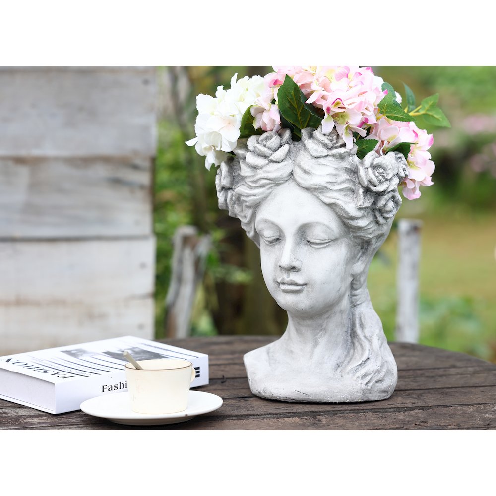 LuxenHome Gray MgO Lady Rose Wreath Bust Planter. Picture 3