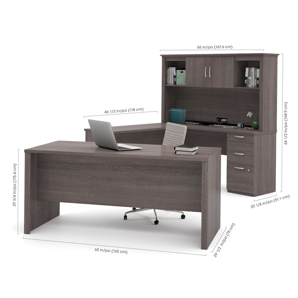 Bestar Logan 66W U or L-Shaped Executive Office Desk with Pedestal and Hutch in bark grey. Picture 2