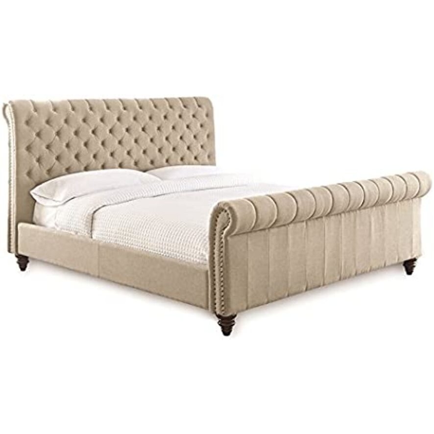Swanson Tufted King Sleigh Bed in Sand Beige Upholstery. Picture 1