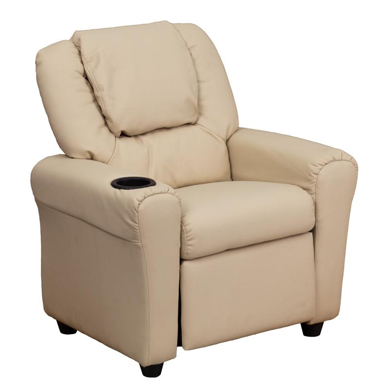 Contemporary Beige Vinyl Kids Recliner with Cup Holder and Headrest. The main picture.