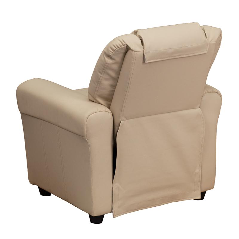Contemporary Beige Vinyl Kids Recliner with Cup Holder and Headrest. Picture 3