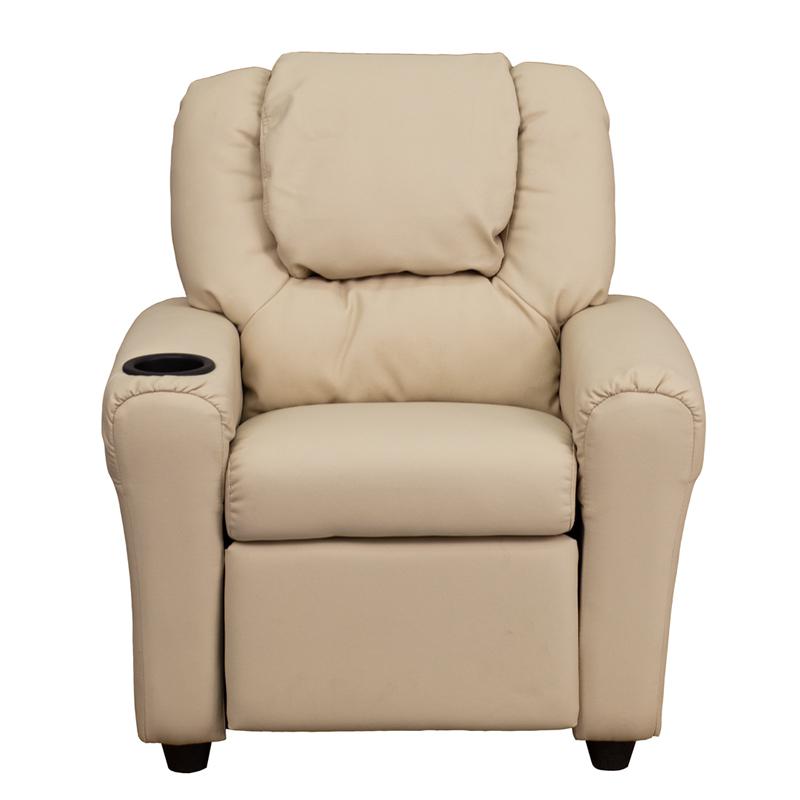 Contemporary Beige Vinyl Kids Recliner with Cup Holder and Headrest. Picture 4