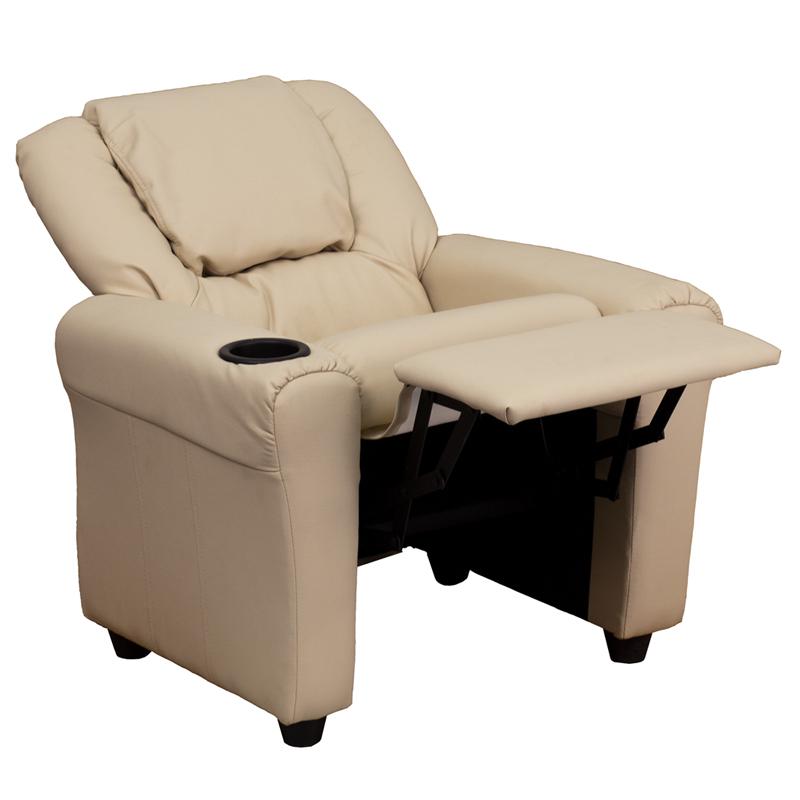 Contemporary Beige Vinyl Kids Recliner with Cup Holder and Headrest. Picture 5