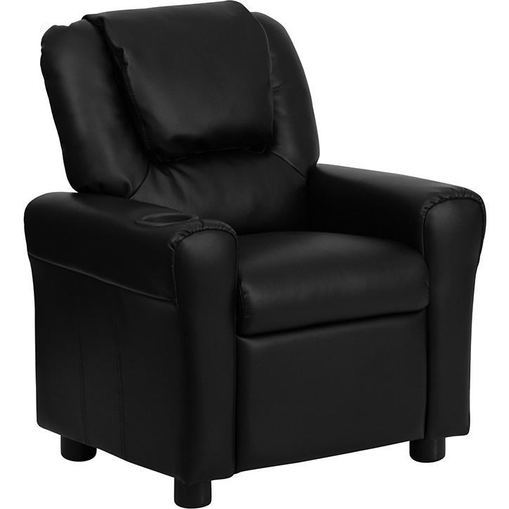 Contemporary Black LeatherSoft Kids Recliner with Cup Holder and Headrest. Picture 5