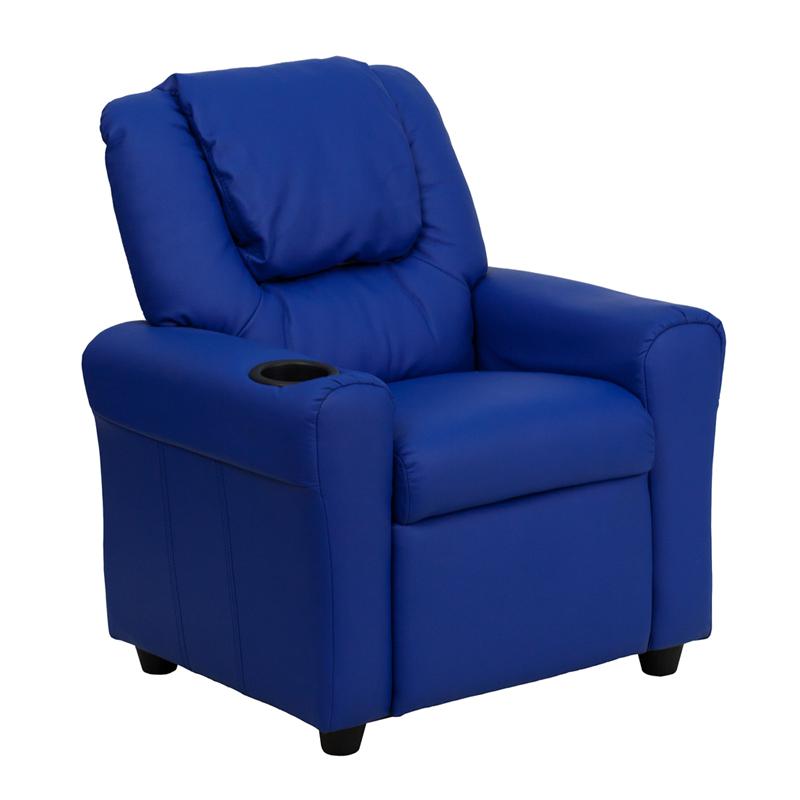 Contemporary Blue Vinyl Kids Recliner with Cup Holder and Headrest. Picture 1