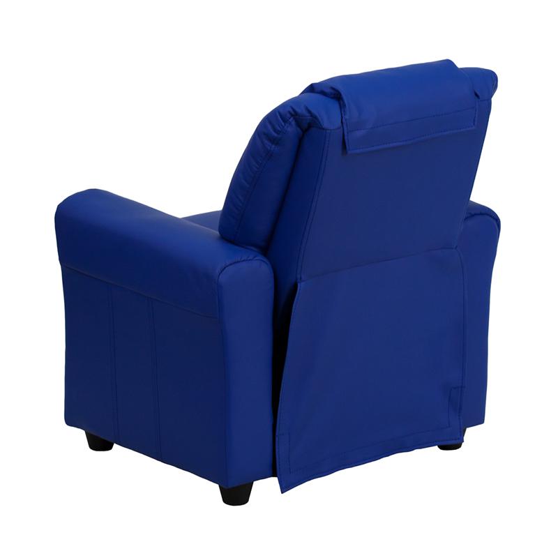 Contemporary Blue Vinyl Kids Recliner with Cup Holder and Headrest. Picture 3