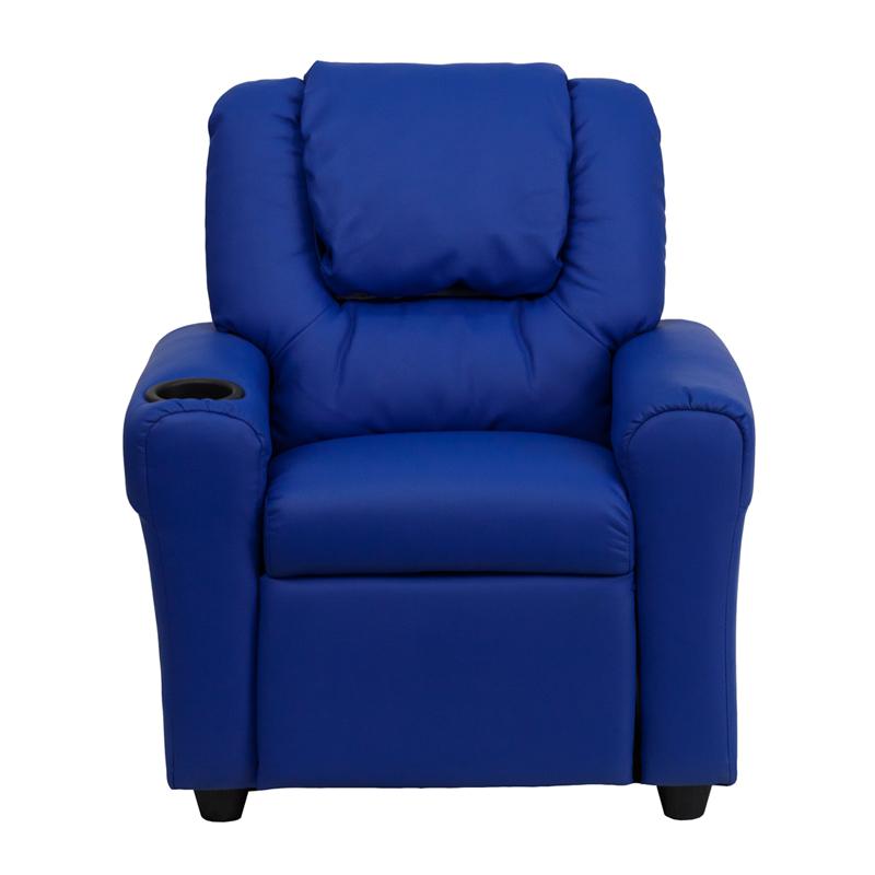 Contemporary Blue Vinyl Kids Recliner with Cup Holder and Headrest. Picture 4