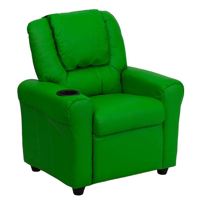 Contemporary Green Vinyl Kids Recliner with Cup Holder and Headrest. Picture 1