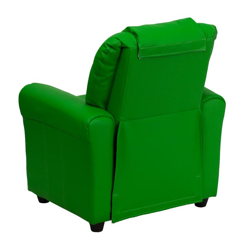 Contemporary Green Vinyl Kids Recliner with Cup Holder and Headrest. Picture 3